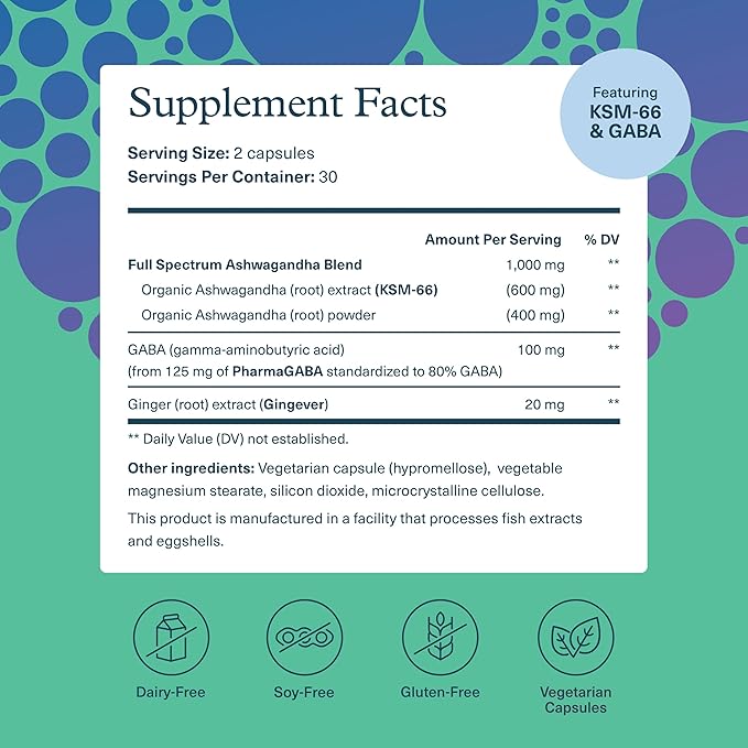 Youtheory Ashwagandha + GABA - 1,000 mg Ashwagandha & 100 mg GABA - Cortisol, Stress & Memory Support Supplement - 60 Vegetarian Capsules