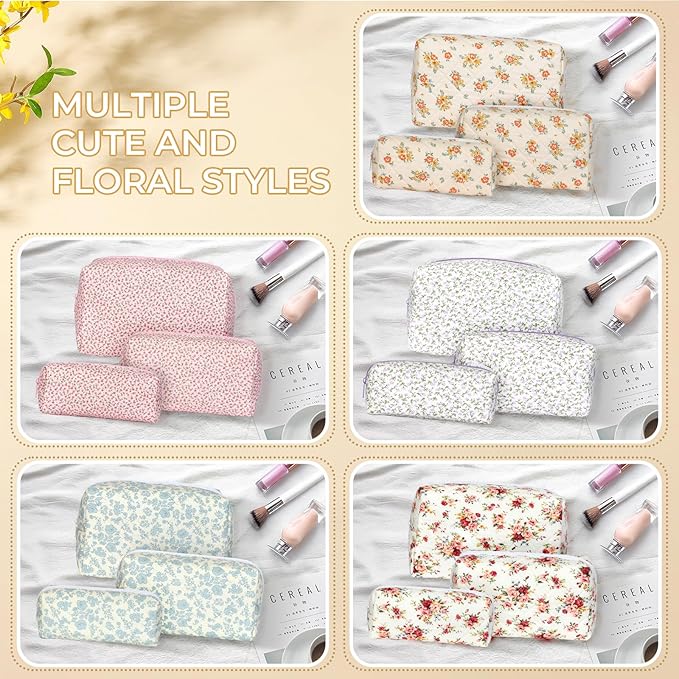 Quilted Makeup Bag Set,Large Floral Cosmetic Pouch For Women,Cute Cotton Brushes Storage Travel Toiletry Organizer Bags(Orange Floral)