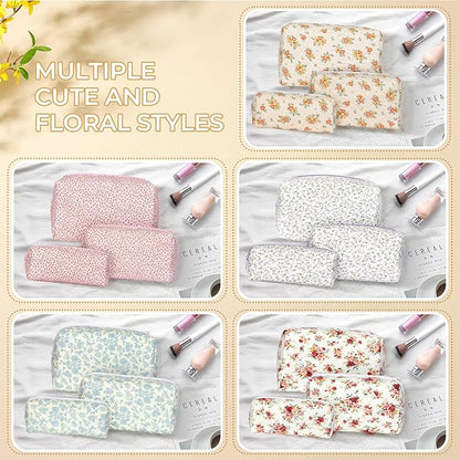 Quilted Makeup Bag Set,Large Floral Cosmetic Pouch For Women,Cute Cotton Brushes Storage Travel Toiletry Organizer Bags(Orange Floral)