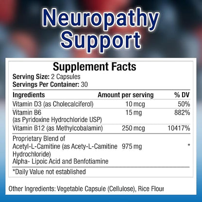 Neuropathy Support Neuro and Nerve Health Supplement with Vitamin D3, B6, B12, Acetyl-L-Carnitine, Alpha-Lipoic Acid, and Benfotiamine Supports Feet Nerve Function 60 Vegetable Capsules