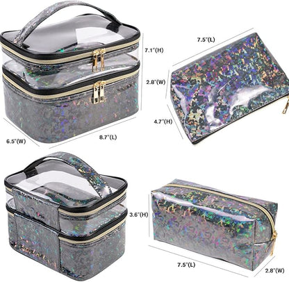 FITINI 3 Pieces Makeup Bags Double Layer Travel Large Holographic Cosmetic Cases Organizer Toiletry Bags Waterproof Small Zipper Pouch for Women Makeup Brush Storage Bag,Black