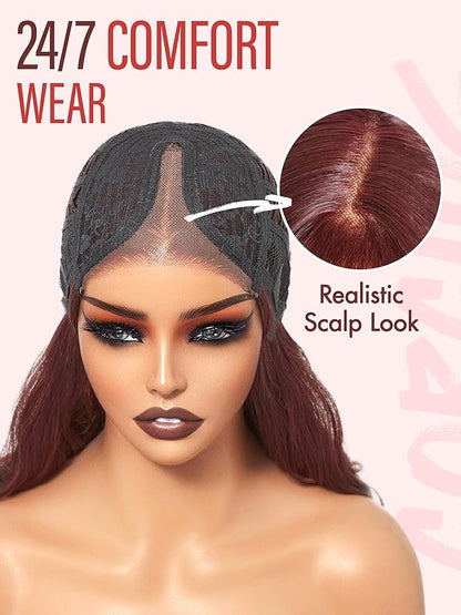 GORGIUS Glueless Wavy Wig with Bangs Burgundy Synthetic Curtain Bang Wig with Realistic Scalp 22 Inch