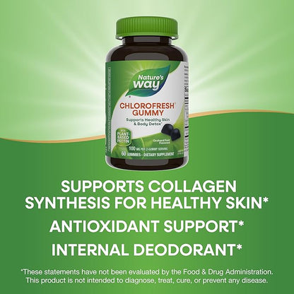Nature’s Way Chlorofresh Chlorophyll Gummies, Supports Healthy Skin and Body Detox*, Internal Deodorant*, Orchard Fruit Flavored, 60 Gummies (Packaging May Vary)
