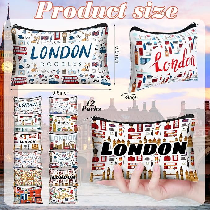Reginary 12 Pack Cosmetic Bag Travel Souvenirs Gift Makeup Bag Lover Gifts Friendship Family Toiletry Storage for Women Vacation Traveller Trip(London)