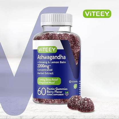 Ashwagandha Supplements Gummies with Ginseng & Lemon Balm Herbal Extract - Ashwagandha Gummies for Calm, Relax, Restore, Unwind - Vegan, Gelatin Free, Gluten Free - Tasty Chewable Berry Flavored