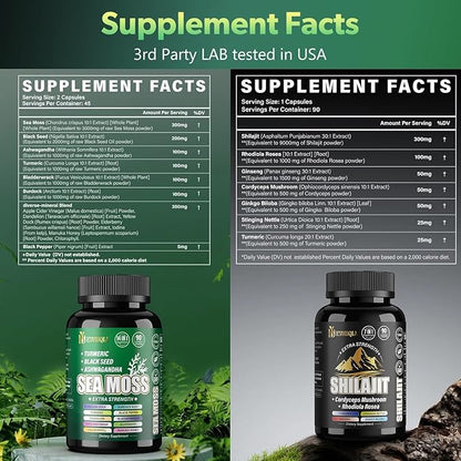 Sea Moss and shilajit Bundle - 90 Count - Sea Moss, Black Seed Oil, Ashwagandha, Turmeric & Shilajit, Rhodiola Rosea,Burdock, Bladderwrack 21 in 1 Supplements (2 Packs) Brown