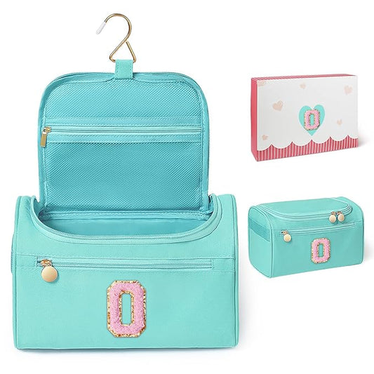 COSHAYSOO Summer Birthday Gifts for Women Her Beach Vacation Gift Ideas Personalized Travel Size Toiletries Organizer, Large Hanging Toiletry Bag Skincare Case Waterproof Traveling Teal Blue Letter O