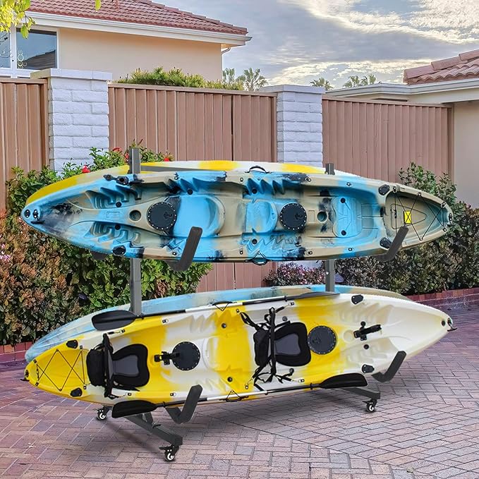 Bonnlo Kayak Stand Freestanding Storage Rack for Kayak Canoe Boat Paddle Board SUP Surfboard for Indoor Outdoor Garage, Shed, Dock with Lockable Wheels Wide Adjustable