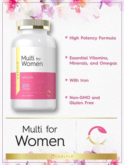 Carlyle Multivitamin for Women | 200 Softgels | with Iron | Nutritional Support Supplement | Non-GMO & Gluten Free