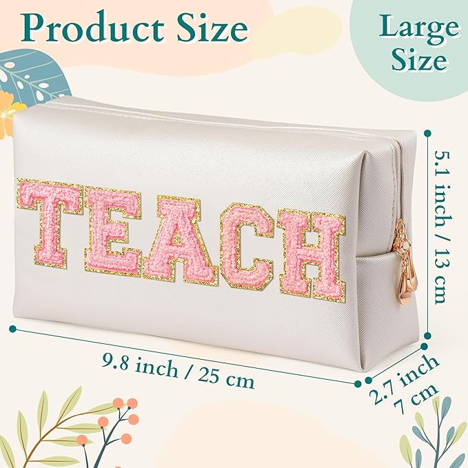 CY2SIDE TEACH Letter Makeup Bag - Pink TEACH Chenille Letter Patch Cosmetic Bag Shell Gold PU Leather Patch Travel Pouch Waterproof Portable Zipper Travel Organizer Case for Teacher Appreciation Gifts
