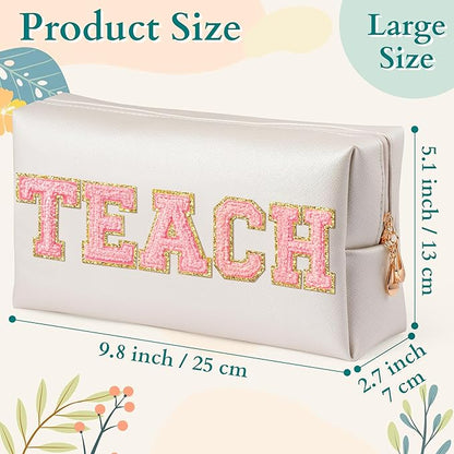 CY2SIDE TEACH Letter Makeup Bag - Pink TEACH Chenille Letter Patch Cosmetic Bag Shell Gold PU Leather Patch Travel Pouch Waterproof Portable Zipper Travel Organizer Case for Teacher Appreciation Gifts