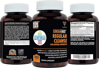 Clinical Daily Regular Cleanse Plus Natural Probiotic - Colon Cleanse & Gut Detox Supplement - Assists with Energy and Constipation Relief - Herbal Dietary Fiber Psyllium Husk Capsules - 180 Count