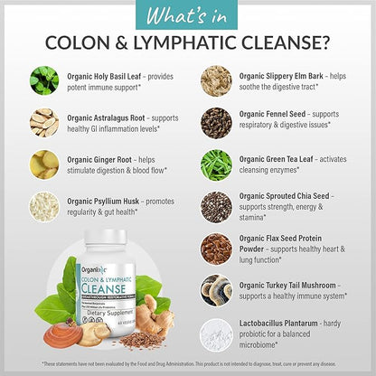 Organixx Lymphatic & Colon Cleanse Supplement with 250 Million CFU Probiotics for Gut Health for Women & Men, Digestive Support, Lymphatic System, Gluten Free, Non GMO, 60 Vegetarian Capsules