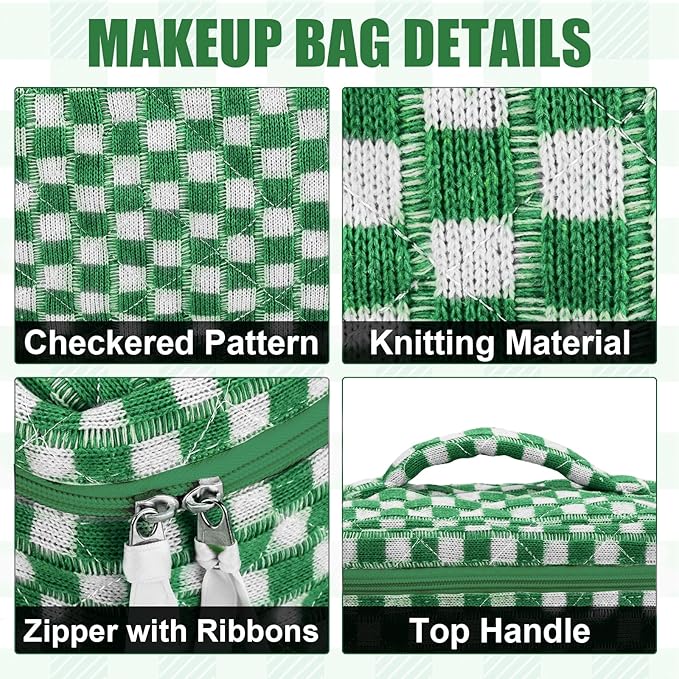 Quilted Makeup Bag Set, 3Pcs Large Checkered Corduroy Cosmetic Bags, Cute Coquette Makeup Bag Toiletry Zipper Pouch Bag for Women and Girls Checkered