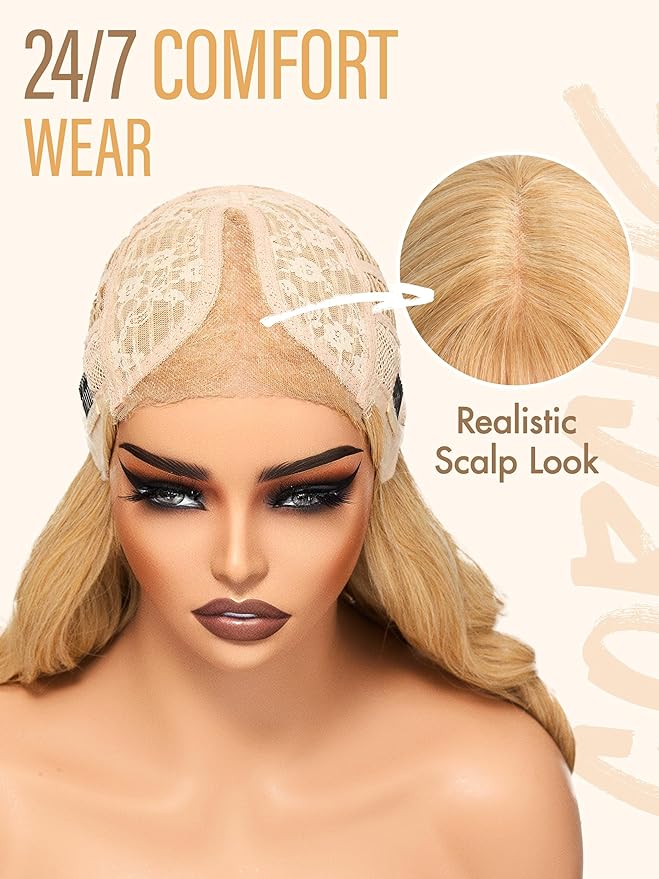 GORGIUS Glueless Wavy Wig with Bangs Honey Blonde Synthetic Curtain Bang Wig with Realistic Scalp 22 Inch