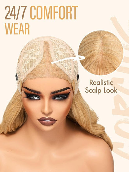 GORGIUS Glueless Wavy Wig with Bangs Honey Blonde Synthetic Curtain Bang Wig with Realistic Scalp 22 Inch