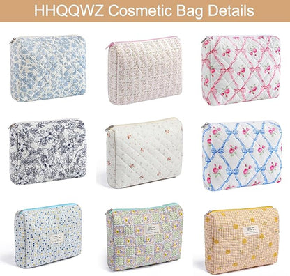 Quilted Cotton Makeup Bag Travel Cosmetic Bag for Women Girls, Zipper Make Up Pouch, Bow Pattern Toiletry Organizer Makeup, Portable Storage Bag (Large/Pink Bowknot)