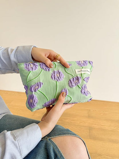 The Summer Swan | Large Aesthetic Makeup Bag | Floral Makeup Bag | Mid-day Clutch | Period Kit Bag | Hygiene Bag | Skincare Bag | Cute Makeup Bag (Color Block Floral Purple), CosmeticBag10575