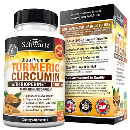 Turmeric Curcumin with Black Pepper Extract 1500mg - High Absorption Ultra Potent Turmeric Supplement with 95% Curcuminoids and BioPerine - Non GMO Tumeric Capsules for Joint Support - 180 Capsules