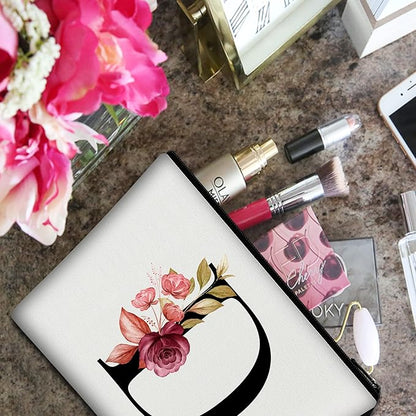 Vavabox A-Z Personalized Makeup Bag, Birthday Gifts for Women Mom, Gifts for Best Friend, Bride Bridesmaid Cosmetic bag (D, White)