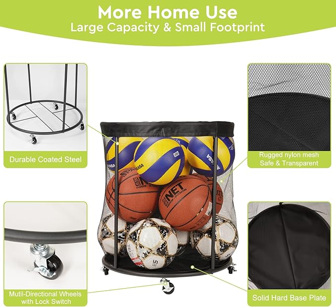 Sports Equipment Organizer for Garage, Mesh Ball Holder for Soccer, Basketball, Volleyball, Baseball, 48 Gals Ball Cart for Holding Ball, Rolling Sports Organizer, Black