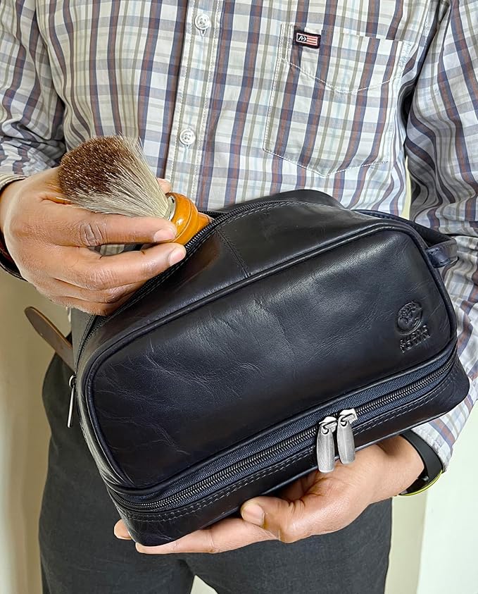 RUSTIC TOWN Leather Toiletry Bag for Men Travel Shaving Dopp Kit Toiletries Organizer Cosmetic Makeup Bag for Women