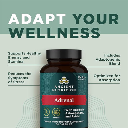 Adrenal Support with Ashwagandha Supplement by Ancient Nutrition, Helps Reduce Stress & Fatigue, Paleo and Keto Friendly, Gluten Free, 1300mg, 60 Capsules