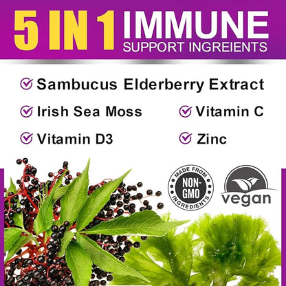 Elderberry Gummies & Irish Sea Moss, Organic Sambucus Elderberry Gummy with Seamoss, Zinc, Vitamin C, D3, Multivitamin Elderberry Vitamin Immune & Energy Support Supplements - Sugar-Free