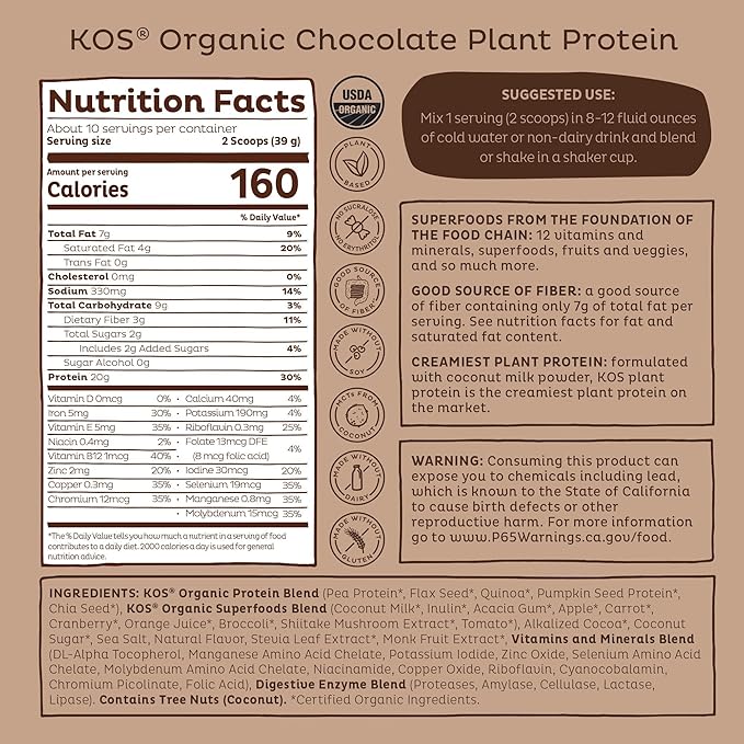 KOS Vegan Protein Powder, Chocolate USDA Organic - Low Carb Pea Protein Blend, Plant Based Superfood with Vitamins & Minerals - Keto, Soy, Gluten Free - Meal Replacement for Women & Men - 10 Servings