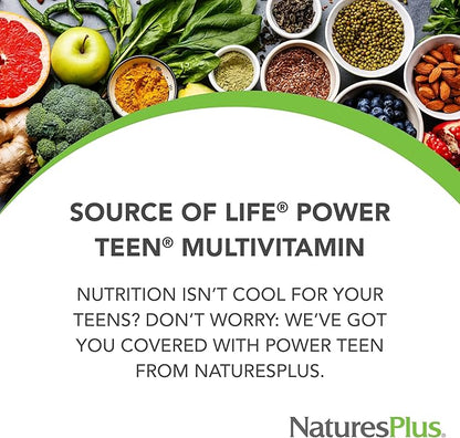 Natures Plus Source of Life Power Teen - 90 Vegetarian Tablets - Teen Multivitamin with Minerals & Whole Foods for Mental Focus, Energy Booster - Gluten-Free - 45 Servings