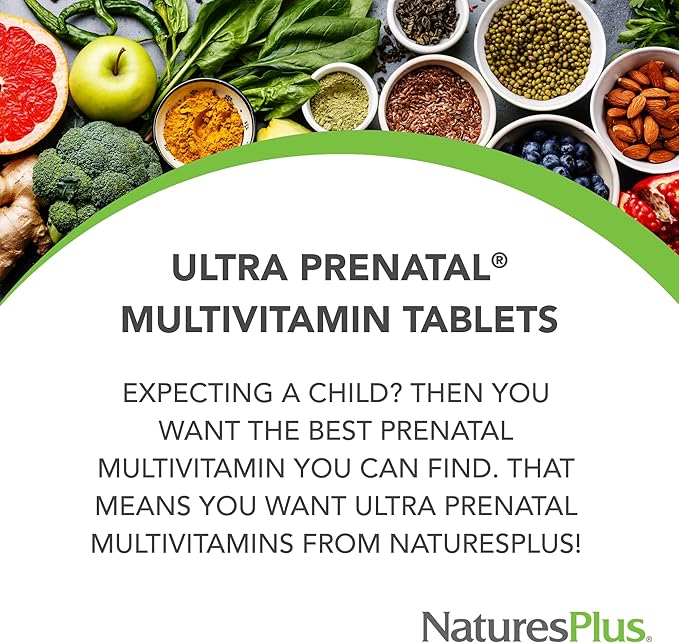 Natures Plus Ultra Prenatal Multivitamin - 800 mcg Folate, 180 Vegetarian Tablets - Prenatal Supplement with Iron, Iodine, Calcium & B-Complex Vitamins - Gluten-Free - 90 Servings