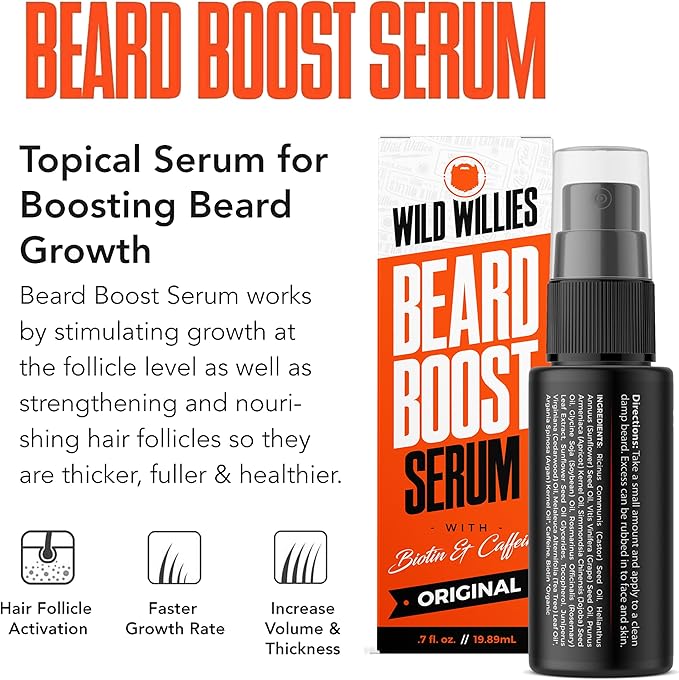 Wild Willies Beard Boost Serum and Growth Supplement Kit for Thicker and Fuller Beard for Beard Enthusiasts, Unscented, 31 Day Supply of Vitamins, Made in USA, 1 fl oz