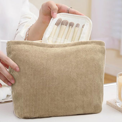Corduroy Makeup Bag Cosmestic Bag Large Capacity Ladies Women Aesthetic Make Up Organizer Accessories Zipper Pouch Purse （Beige+Light Khaki）
