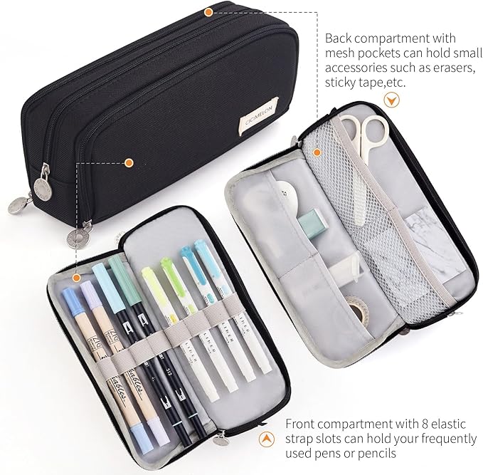 CICIMELON Large Capacity Pencil Case 3 Compartment Pouch Pen Bag for School Teen Girl Boy Men Women (Black)