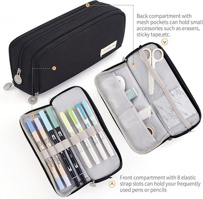 CICIMELON Large Capacity Pencil Case 3 Compartment Pouch Pen Bag for School Teen Girl Boy Men Women (Black)