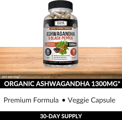 Kaya Naturals Organic Ashwagandha Capsules Extra Strength - Stress Relief Formula, Natural Mood Support, Stress, Focus, and Energy Support Supplement, 60 Capsules