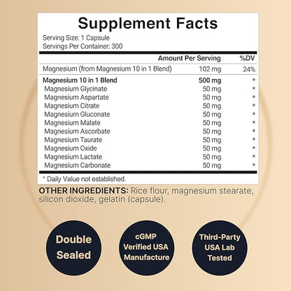 NatureBell Magnesium Complex Supplement 500mg, 300 Capsules | 10 Active Forms – Glycinate, Citrate, Taurate, Plus More | 100% Chelated & Purified | Bone, Heart, & Muscle Support | Non-GMO