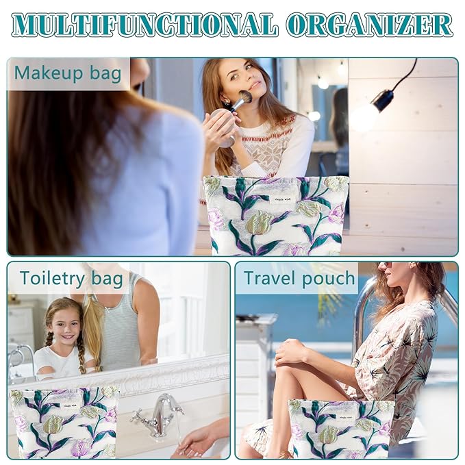 ZLFSRQ Tulip Makeup Bag Travel Cute Purple Flower Floral Cosmetic Bags for Women Large Embroidery Toiletry Pouch Zipper Cosmetic Pouch for Purse Aesthetic Makeup Organizer Bag Portable Toiletry Bags