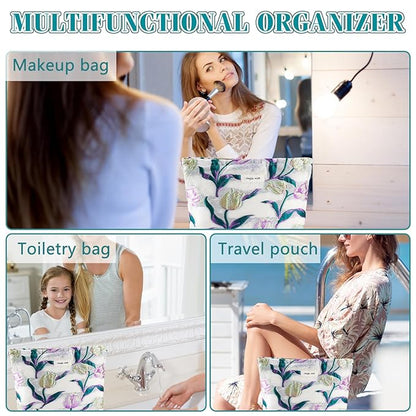ZLFSRQ Tulip Makeup Bag Travel Cute Purple Flower Floral Cosmetic Bags for Women Large Embroidery Toiletry Pouch Zipper Cosmetic Pouch for Purse Aesthetic Makeup Organizer Bag Portable Toiletry Bags