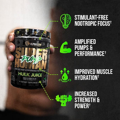 ALPHA LION Superhuman Pump Pre Workout Powder, Nootropic Caffeine & Stim Free Preworkout Supplement, Nitric Oxide Booster, Muscle Gainer, Energy & Focus (42 Servings, Hulk Juice Flavor)
