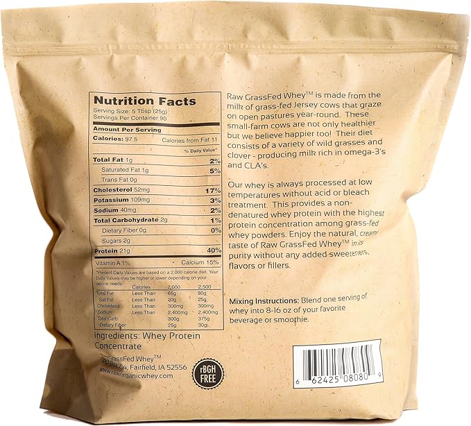 Raw Grass Fed Whey Protein Powder, Happy Healthy Cows, Undenatured, GMO-Free, Hormone Free, Gluten Free, Unflavored, Unsweetened, 5LB