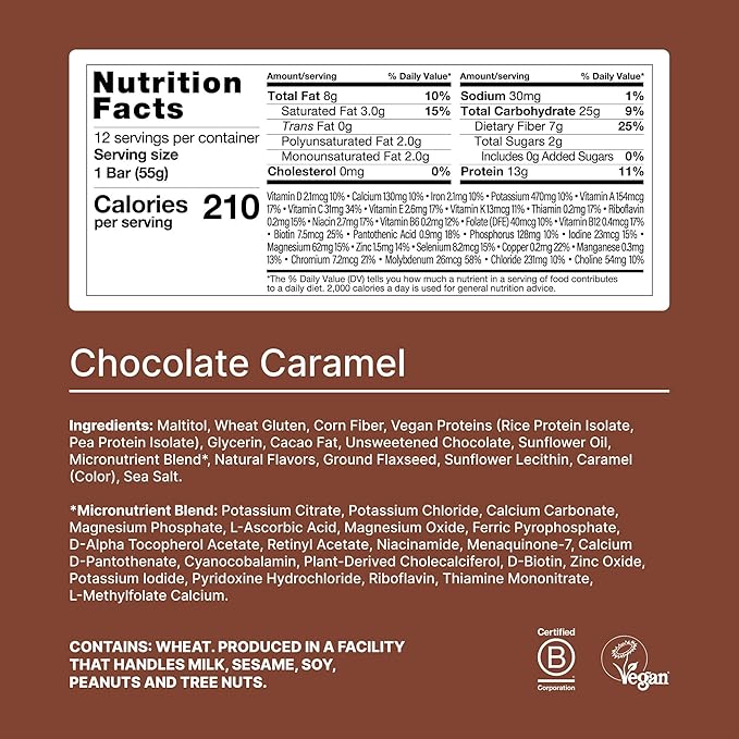 Huel Complete Nutrition Vegan Protein Bars | Chocolate Caramel | 13g Protein, 27 Vitamins and Minerals, 2g Sugar, Non-GMO, 100% Plant Based Snack | 12 Pack