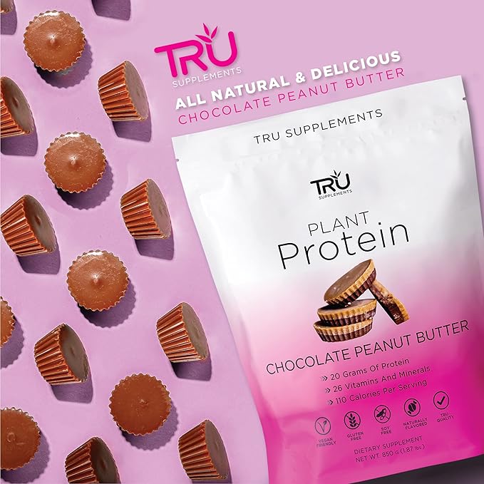 TRU Plant Based Protein Powder, BCAA, EAA, 20g Vegan Protein, 100 Calories, 27 Vitamins, No Artificial Flavors 25 Servings (Chocolate Peanut Butter)