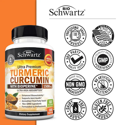 Turmeric Curcumin with Black Pepper Extract 1500mg - High Absorption Ultra Potent Turmeric Supplement with 95% Curcuminoids and BioPerine - Non GMO Tumeric Capsules for Joint Support - 180 Capsules