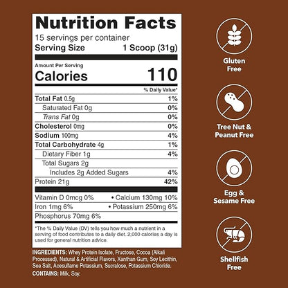 Whey Protein Powder | Chocolate Protein Powder | 21g 100% Whey Isolate Protein Powder | Low Carb and Lactose Free | Gluten Free Whey Protein Isolate | Certified Kosher | 15 Servings