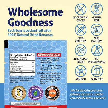 Nutritional Designs, Prebiotic Nana Flakes with Inulin, 100% Pure Banana Flakes, Gut Health, High Protein & Fiber, Natural Diarrhea Remedy, IBS Relief, for Adults & Kids 4+ (25 Single-Serve Packs)