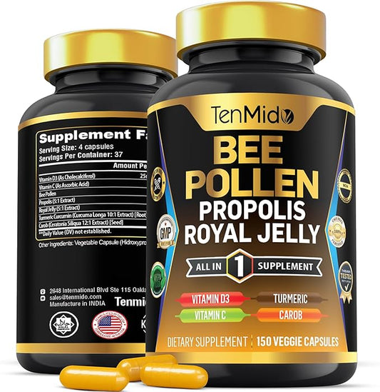 Organic Bee Pollen Supplement for Men and Women, 7in1 Formula with Propolis, Royal Jelly, Turmeric, Carob & More - Energy, Immune, Digestive Support - Rich in Nutrient, Vitamins - 150 Capsules