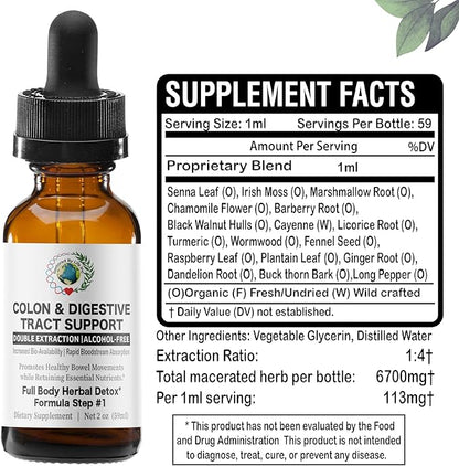 Colon Digestive Tract Support | 2 oz. Liquid Extract Tincture | Detox Cleanse Support Formula