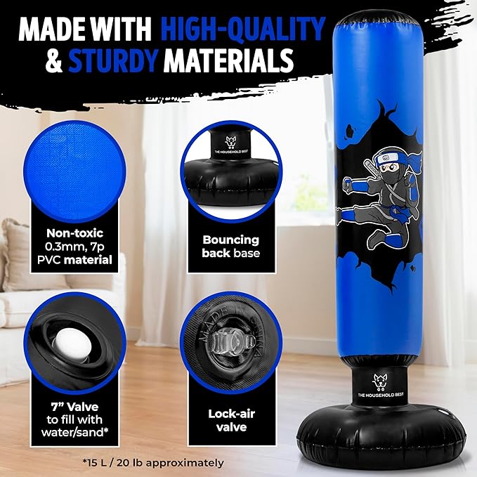 THB Punching Bag for Kids - Inflatable Punching Bag Stand with Boxing Gloves for Kids Age 3-8, 63” Ninja Boxing Bag with Electric Air Pump to Practice Taekwondo, Karate, MMA, Bouncing Back Boxing Set