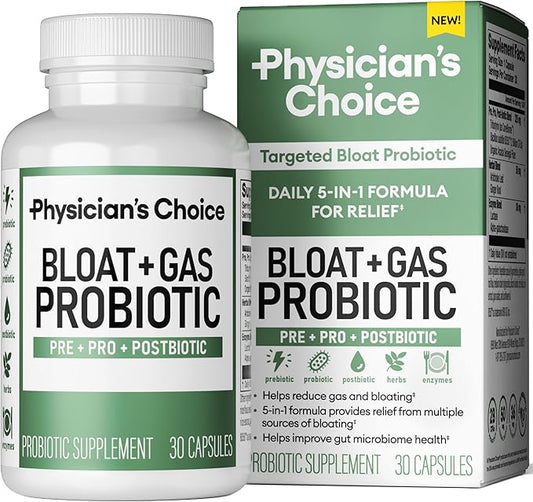 Physician's CHOICE Bloat & Gas Probiotic 5-in-1 Proactive Support + Daily Relief - Digestion & Gut Health- Herbals, Digestive Enzymes, Post & Prebiotics - Gas Relief for Adults - Women & Men - 30ct